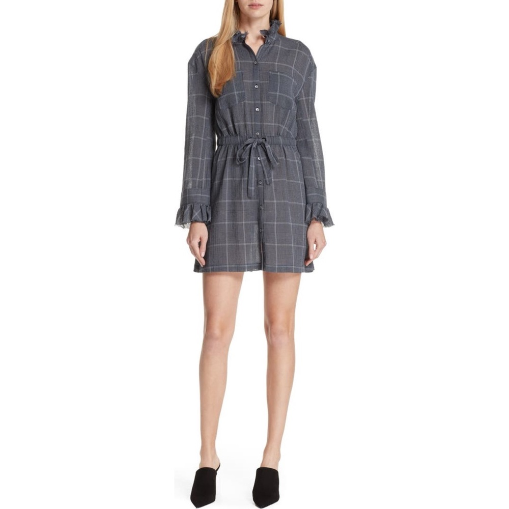 Cinq à Sept Dana Ruffle Trim Plaid Dress Button Front Belt Sz XS